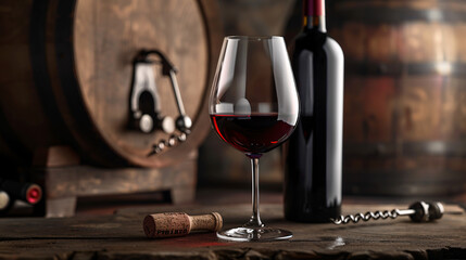 Red wine in cellar. Glass of red wine and bottle in a cellar with oak barrels, ready for tasting.