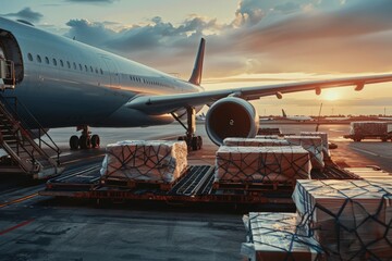 Air cargo logistic containers are loading to an airplane. Air transport shipment prepare for loading to modern freighter jet aircraft at the airport 