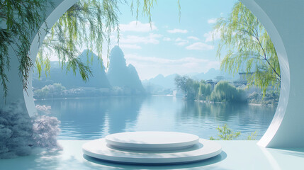 A white circular podium with a matte texture, It is made of stone material,. on the water,