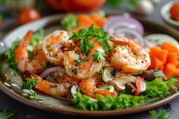 a plate of shrimp and vegetables