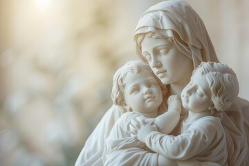 Mother Mary cradling baby Jesus, depicted in a classic style with soft lighting, isolated on white Copy space, symbolizing motherhood and divine love