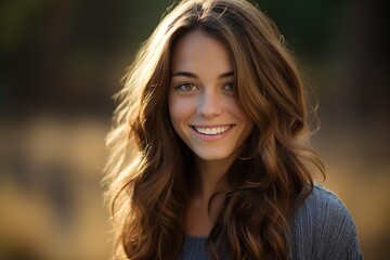 Naklejka premium A woman with long brown hair is smiling and looking at the camera