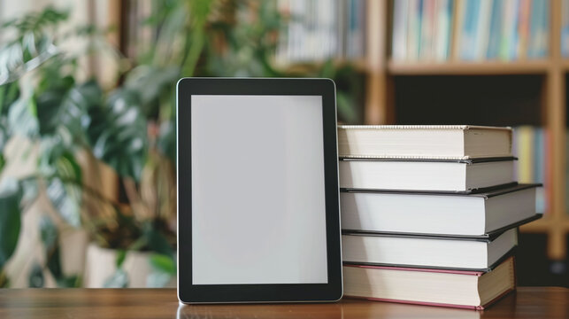 Blank tablet mockup with books on table. Digital tablet with blank screen and stack of books on wooden table in cozy home library. Perfect for showcasing your design or app.