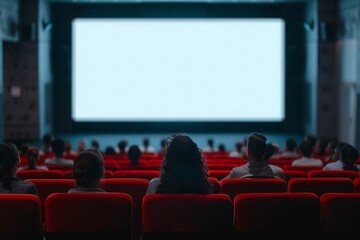 Cinema blank wide screen and people in red chairs in the cinema hall. Blurred People silhouettes watching movie performance