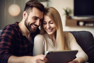 A man and woman are sitting on a couch and looking at a tablet