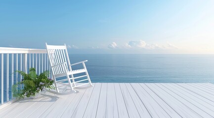 Beautiful white wooden terrace with rocking chair and table overlooking the sea