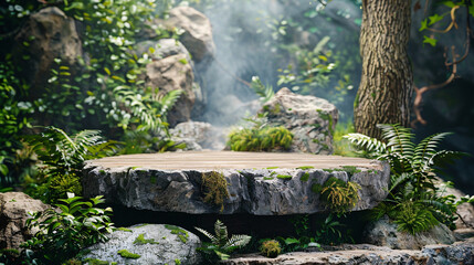 Empty podium with tropical leaf decorations on a pastel background, ideal for product promotions