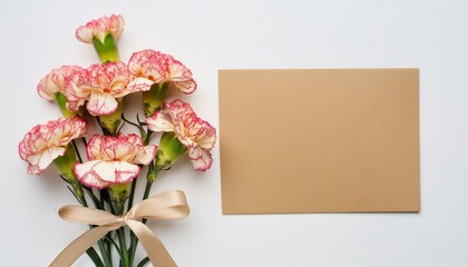 Graceful Carnations: Bow-Tied Bouquet with Kraft Card, Flat Lay