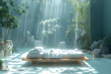Relaxing Spa Scene: Empty Canvas with Massage Table and Essential Oils