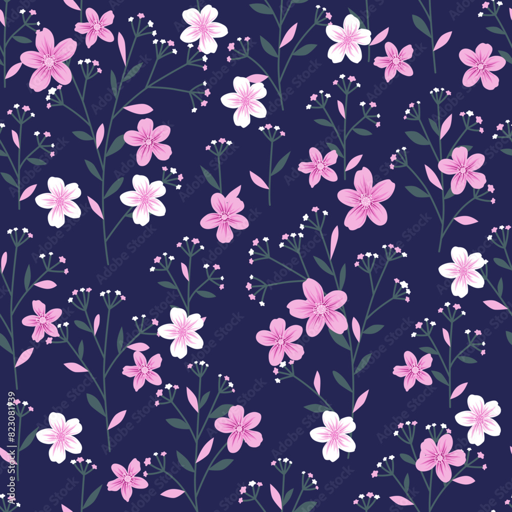 Wall mural Floral seamless pattern with pink and white flowers on navy background. Textile print