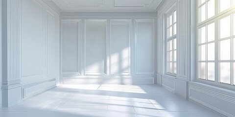 White empty room with window and light from the windows, Modern empty room with white floor and white concrete wall with shadow window, 