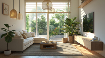 Fototapeta premium Minimalist Scandinavian living room with a focus on natural materials. Include a sleek, white-oak media console, a modular sofa, and a statement pendant light.