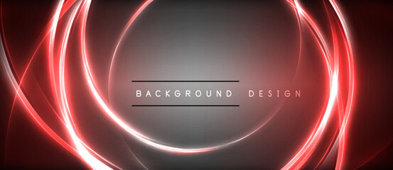 Neon glowing circle rays, light round lines in the dark, planet style neon wave lines. Energetic electric concept design for wallpaper, banner, background