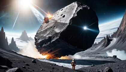 A solitary astronaut stands on a rocky extraterrestrial surface, gazing at a massive asteroid passing close to a distant sun, casting dramatic shadows.. AI Generation