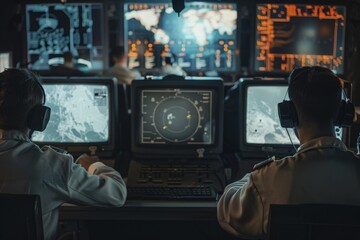 Zoom in view of military men using computers to watch online broadcast and launch nuclear missile during work in control center during world war 
