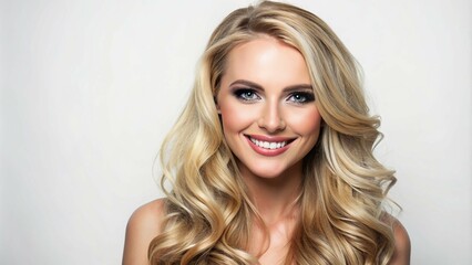 Smiling blonde woman portrait with fresh makeup and long hair on white background copy space
