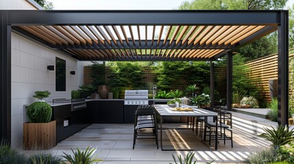 Fototapeta premium Modern Pergola with a black steel frame and white wall, dining table, chairs, grill, wood slats on the side. The setting is in an outdoor kitchen area with plants around. Generative AI.