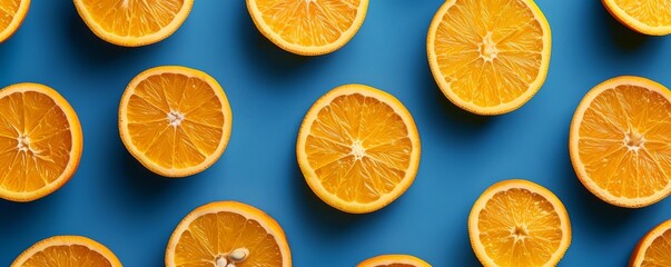 Obraz premium Pattern of fresh orange slices against a vibrant blue background