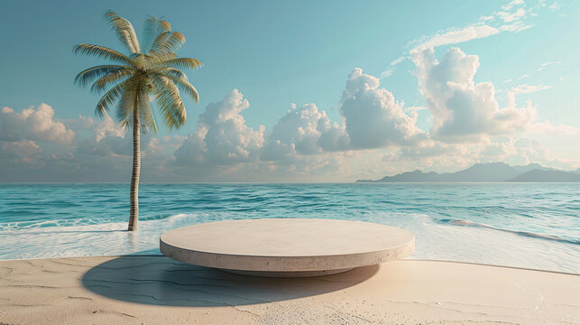Empty stand with tropical beach background, great for beauty and cosmetic product promotions