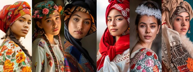 A collage showcasing young women from different cultures, each dressed in traditional attire that represents spring, summer, fall, and winter in their respective regions
