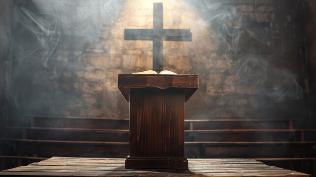 Wooden podium holding an open Bible, with a prominent cross behind, dramatic lighting, reverent mood