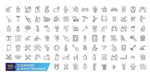 House Cleaning and Maintenance Icons Set. Broom, Dustpan, Vacuum cleaner. Simple Icons Vector Collection. Editable ui stroke.