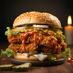 Big hamburger with fried chicken and french fries on a wooden table