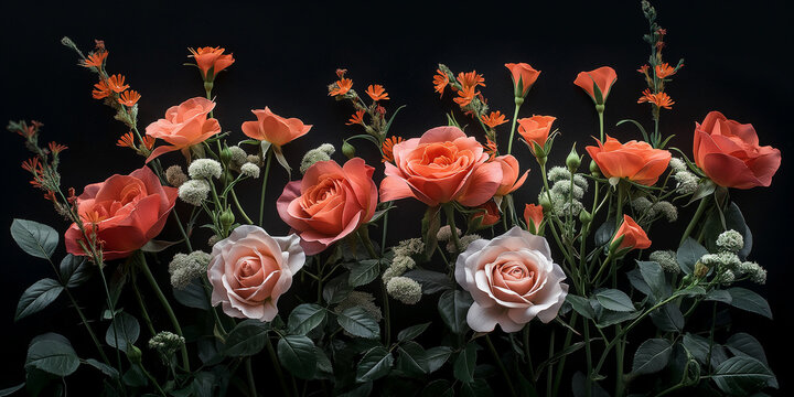 realistic photography of Red rose and eustoma flowers isolated dark backgraound. front view