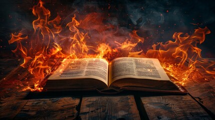 Open Christian book on a wooden table, surrounded by vivid flames and dark hellish tones, dramatic lighting