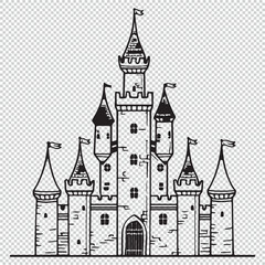 Obraz premium Line art cartoon design of castle palace, black vector illustration on transparent background