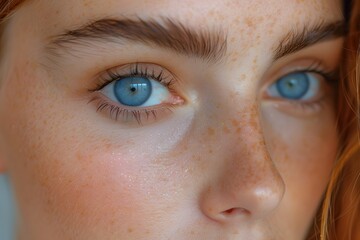 Fototapeta premium Close-Up Portrait of Blue-Eyed Woman with Natural Freckles and Light Makeup - Beauty and Skincare Concept