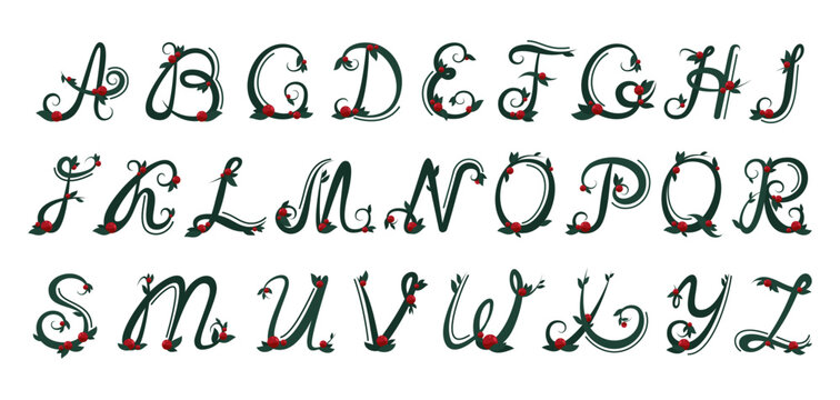 Letters of the alphabet. Green flexible vines with red berries. Large capital letters highlighted on a white background. The font for the design of floristry.