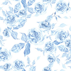 Watercolor wedding seamless pattern  with tender blue roses flower and leaves.