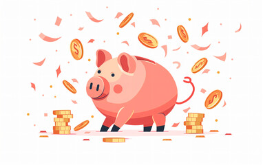 Cheerful pink piggy bank surrounded by flying coins and bills, representing financial success, savings growth, or a wealth concept