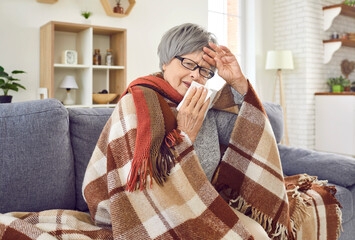 Sick senior woman with runny nose wrapped in a blanket sitting on sofa at home. Elderly person with...