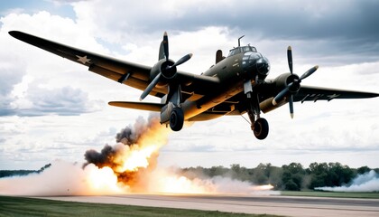 A vintage warplane caught in an emergency landing, trailing smoke on a runway.. AI Generation