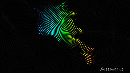 A map of Armenia is presented in the form of colorful vertical lines against a dark background. The country's borders are depicted in the shape of a rainbow-colored diagram.