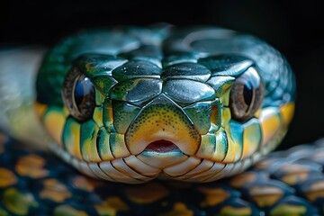 Fototapeta premium Close-up of Vibrant, Colorful Snake Face - Wildlife Portrait, Herpetology Study, Nature Photography