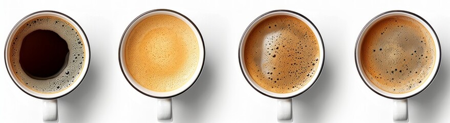 4 coffee cups, one with black coffee and the other three filled to different degrees of half full with various creamy coffees - Powered by Adobe