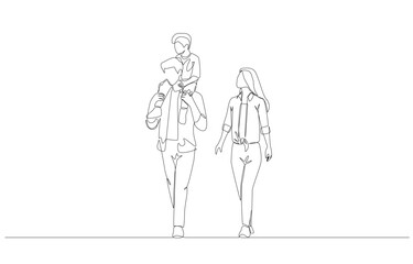Continuous one line drawing of father walking with mother while lifting his son on shoulder, happy family concept, single line art.