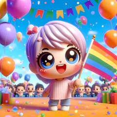 Obraz premium Cute Cartoon Girl with Rainbow Flag at Parade