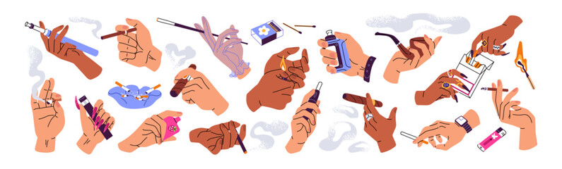 Hands with cigarettes set. People hold different burning cigars, ecigarettes, vapes, smoke pipe. Cig pack, ashtray with stubs, lighters, matches. Flat isolated vector illustrations on white background