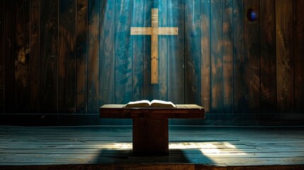 Open Bible resting on a simple wooden podium, backlit cross, serene and contemplative lighting