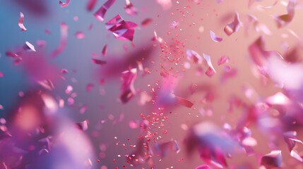 Dynamic background with floating pink confetti and sparkles creating a festive and vibrant atmosphere