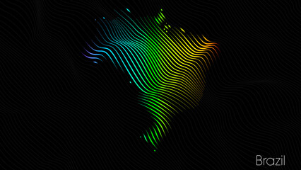 A map of Brazil is presented in the form of colorful vertical lines against a dark background. The country's borders are depicted in the shape of a rainbow-colored diagram.