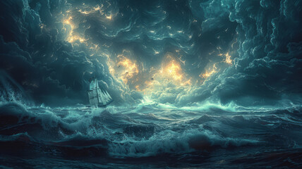 Fototapeta premium Amid a stormy sea symbolizing AI competition, a boat navigates turbulent waters toward a distant light, embodying the struggle and hope in the AI talent race.generative ai