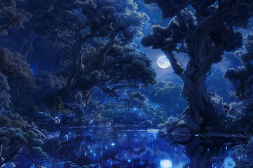 Within the Neon-Lit Expanse of Night, a Mysterious Forest Emerges, Where Moonlight Weaves Through Ancient Boughs, Illuminating a Surreal Sanctuary Guarded by Silent Sentinels and Mirrored Waters.