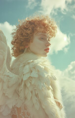 Fototapeta premium photo of an albino woman with curly hair, dressed as a beautiful angelic archangel in a white fur coat