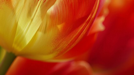 A close-up of a blooming tulip showcases its vibrant red and yellow petals.