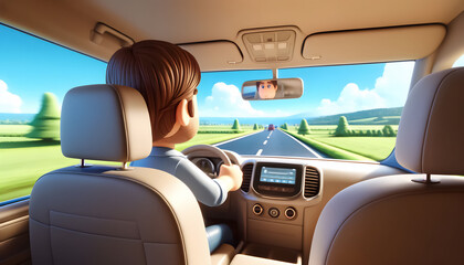 3D Rendered Car Interior: Passenger's View of Person Driving, Eye-Catching 3D Render: Backseat Perspective of a Car Journey